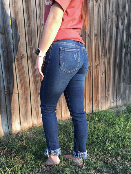 Dark Wash Skinny Jean with Frayed Hem