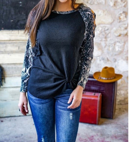 Black w/ Vintage Snake Long Sleeve Cold Shoulder Thermal Top