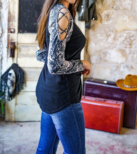 Black w/ Vintage Snake Long Sleeve Cold Shoulder Thermal Top