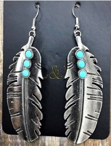 Silver Feather Earring W/ Turquoise