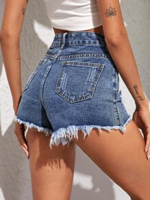 Raw Hem Ripped High Waisted Denim Shorts