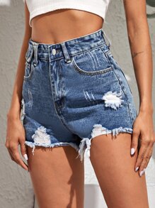 Raw Hem Ripped High Waisted Denim Shorts