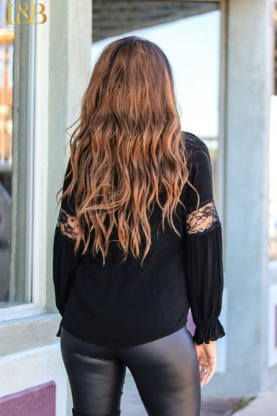 Black Lace Trim Long Sleeve Top