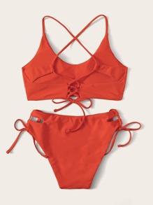 Lace Up Back Top With Tie Side Swimsuit Set