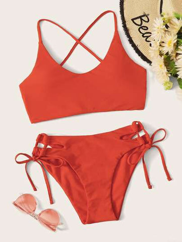 Lace Up Back Top With Tie Side Swimsuit Set